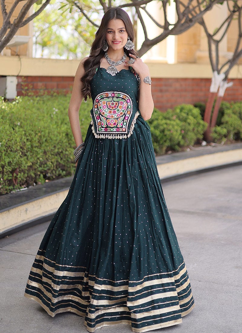 Green Rayon Gamthi Mirror Work Indo Western Navratri Skirt Set Festive Wear