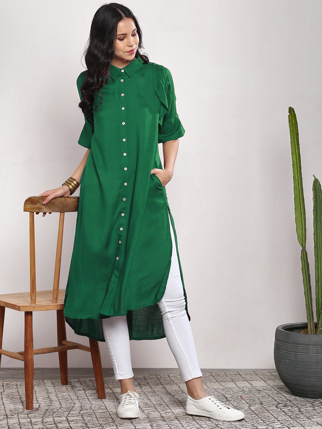 Green Rayon Knee length Kurti
