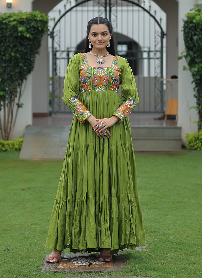 Green Rayon Kutch Gamthi Work Anarkali Gown Festive Wear
