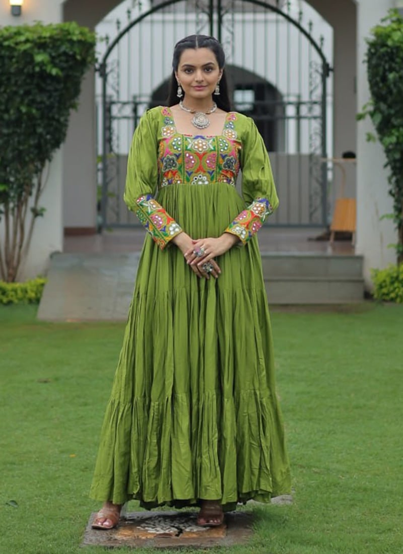 Green Rayon Kutch Work Anarkali Gown