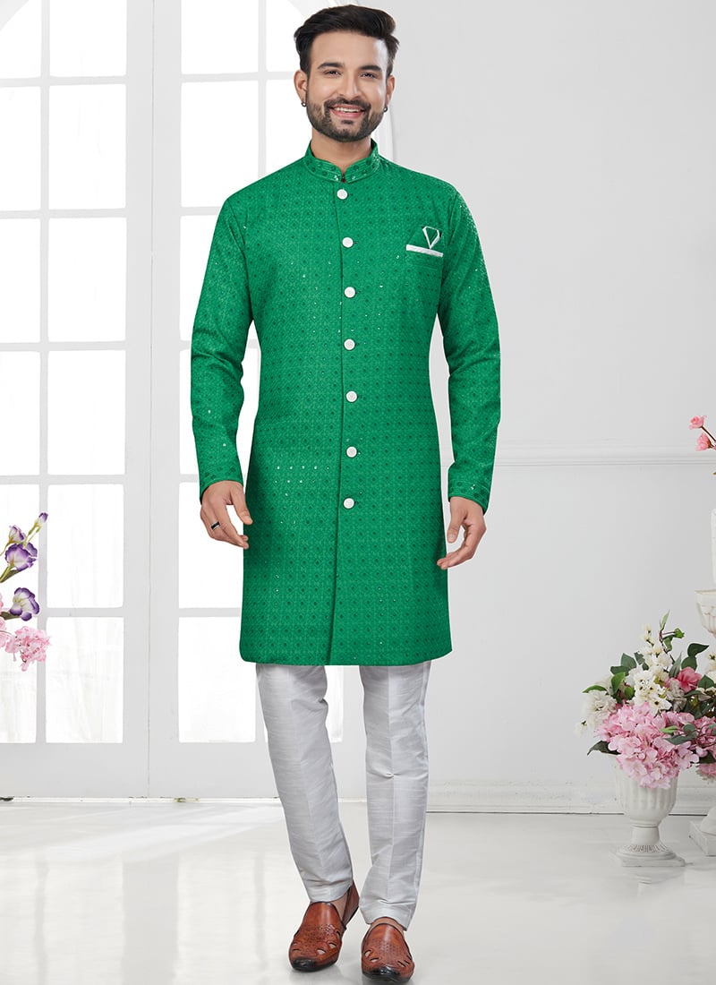 Green Rayon Lucknowi Embroidered Sequins Indowestern Sherwani Festive Wear