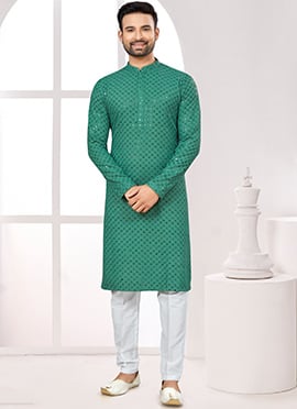 Green Rayon Lucknowi Embroidered Sequins Thread Kurta Pyjama