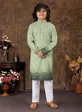 Green Rayon Printed Embroidered Sequins Kids Boys Kurta Pyjama