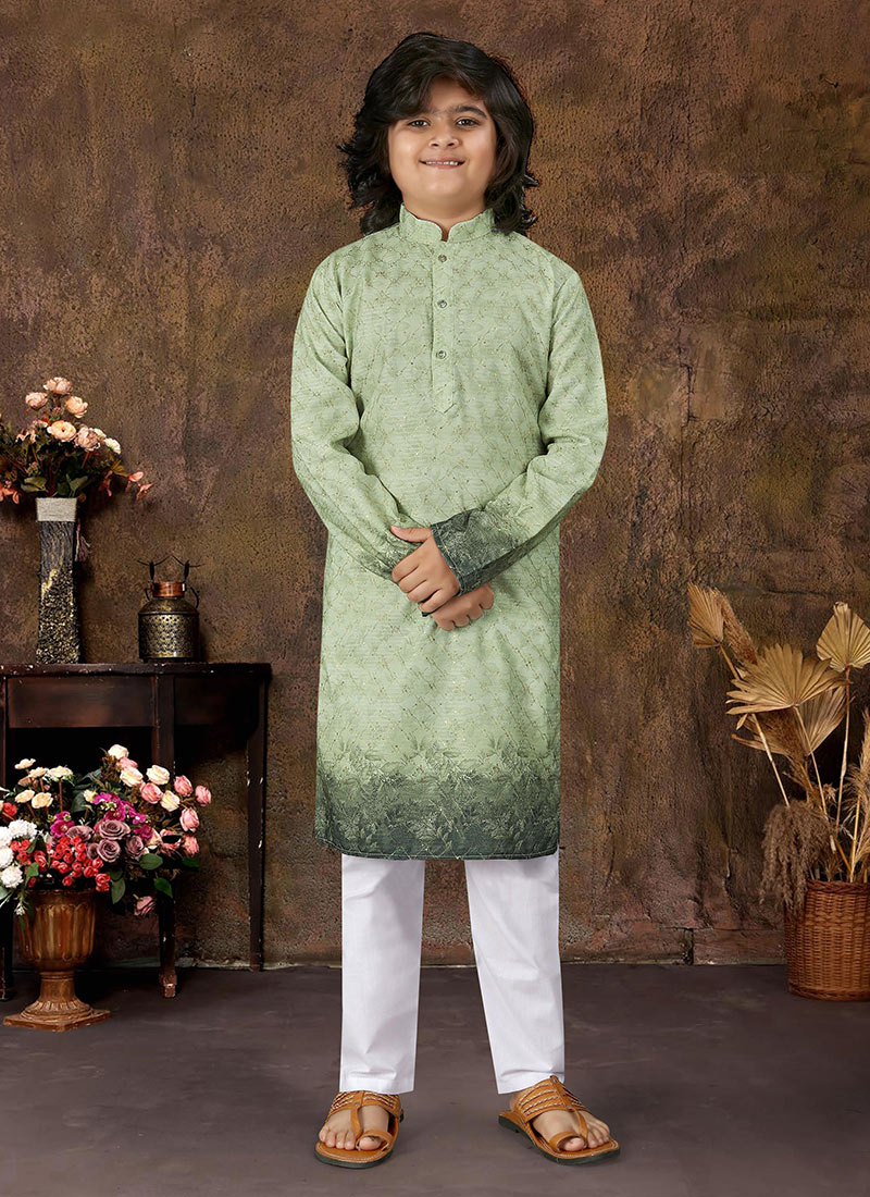 Green Rayon Printed Embroidered Sequins Kids Boys Kurta Pyjama Festive Wear