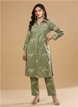 Green Rayon Satin Embroidered Kurta Set