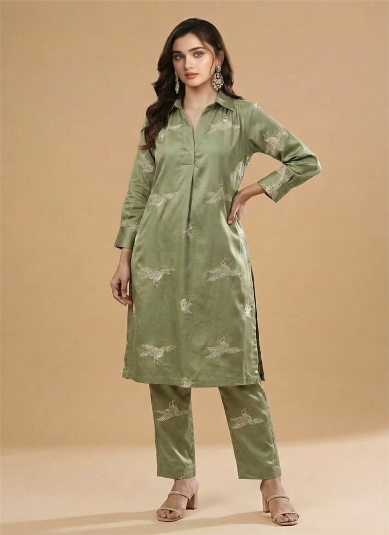Green Rayon Satin Embroidered Kurta Set After Six Wear