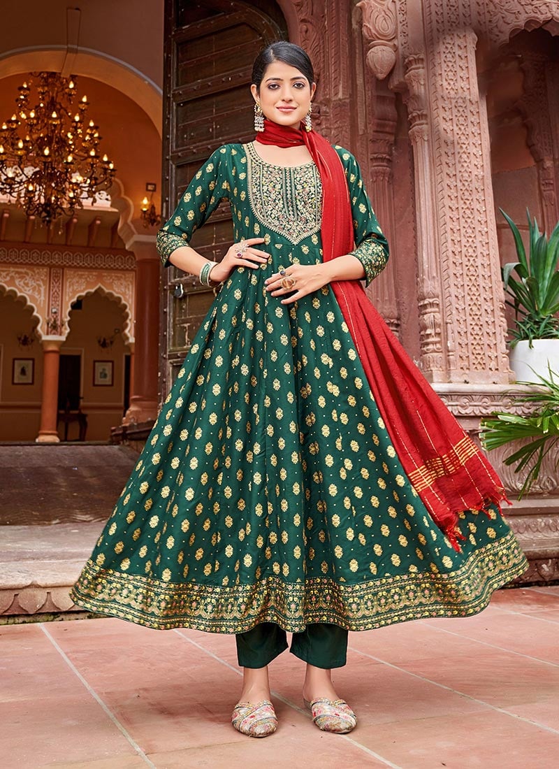 Green Rayon Sequins Embroidered And Foil Print Anarkali Suit After Six Wear