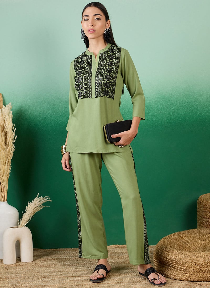 Green Rayon Sequins Kurta Straight Pant Set After Six Wear