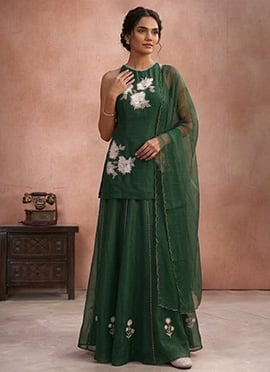 Green Resham Embroidered Organza Palazzo Suit