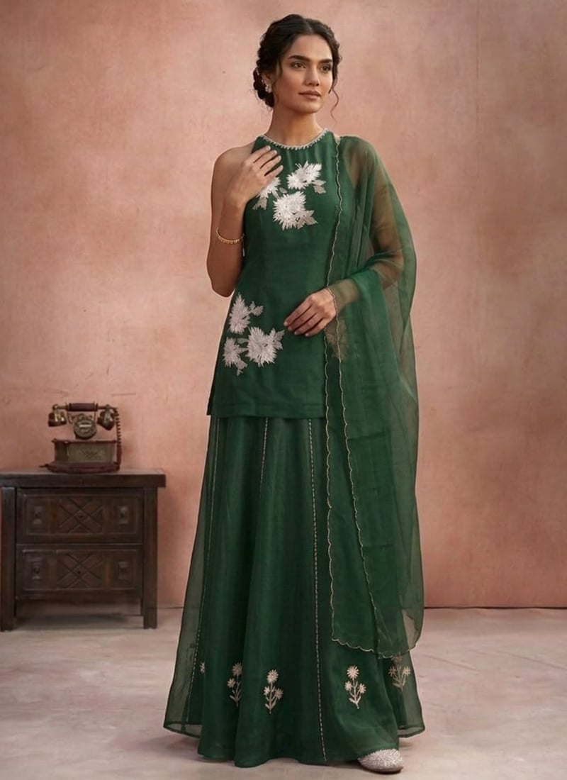 Green Resham Embroidered Organza Palazzo Suit Festive Wear