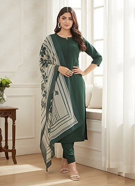 Green Roman Silk Digital Print Straight Pant Suit
