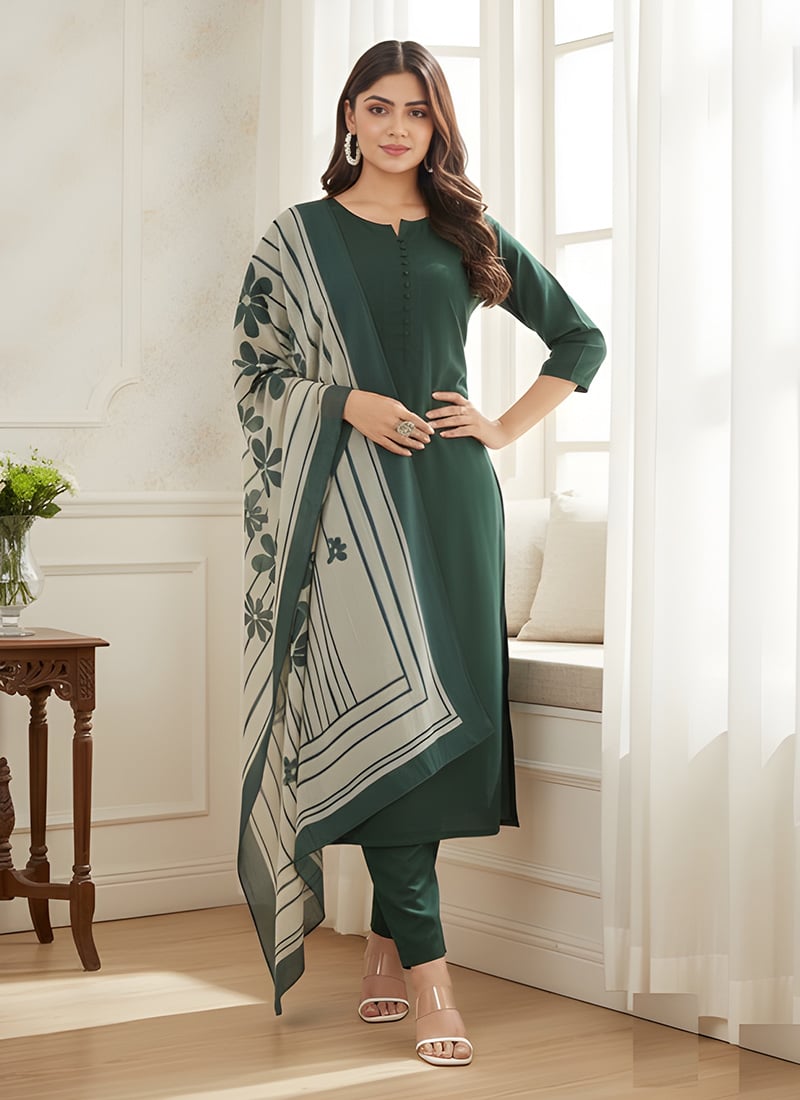 Green Roman Silk Digital Print Straight Pant Suit Work Wear