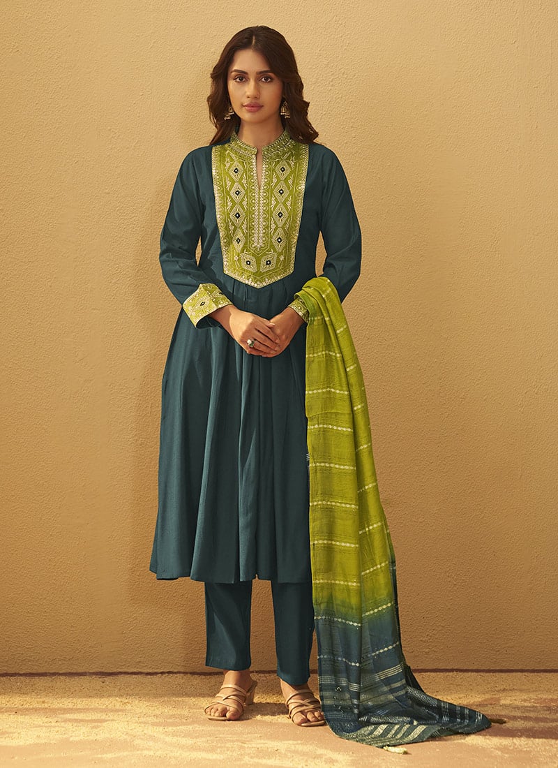 Green Roman Silk Embroidered Straight Pant Suit After Six Wear