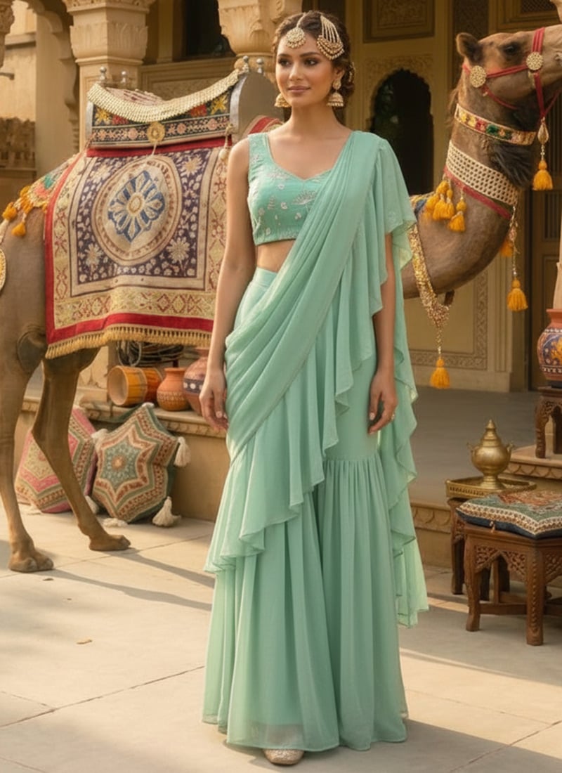 Green Ruffled Pre Draped Sharara Style Saree with Beads Embellished Blouse Wedding Wear