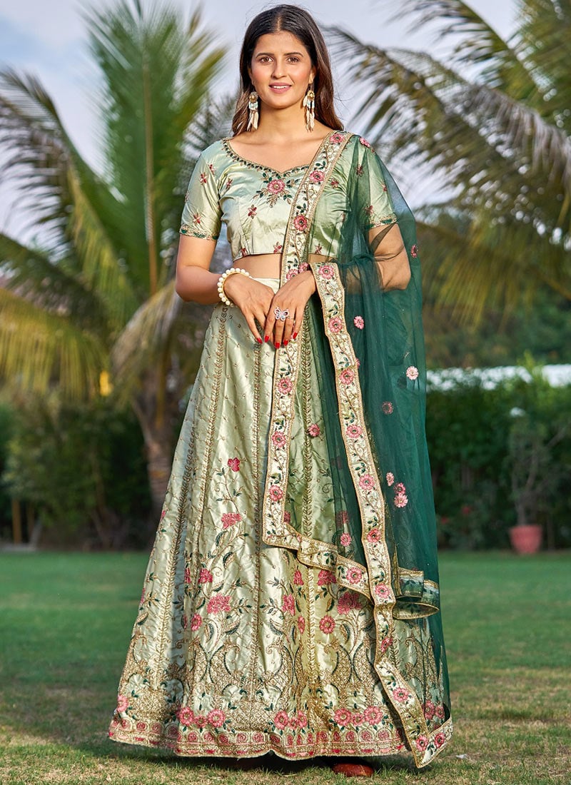 Green Satin Blend Embroidered A Line Lehenga Party Wear