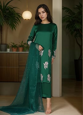 Green Satin Blend Hand Embroidered Sequins Zari Straight Pant Suit