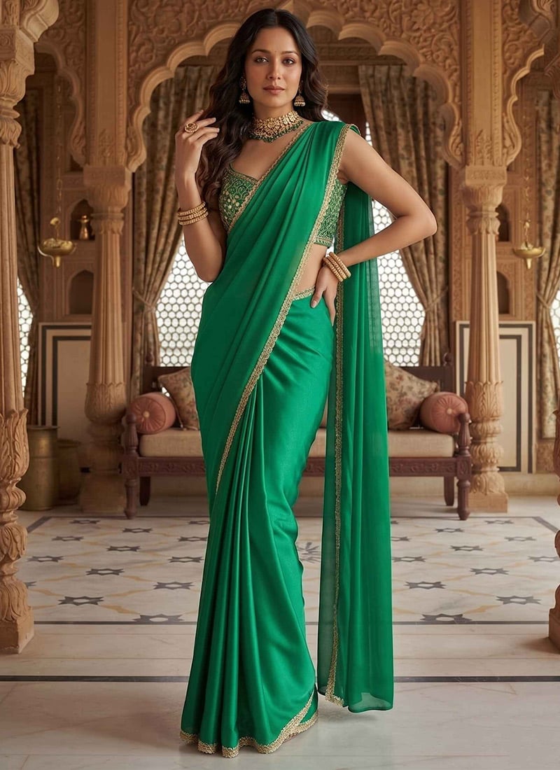 Green Satin Blend Zari Hand Embroidered Sequins Pre Draped Saree Wedding Wear