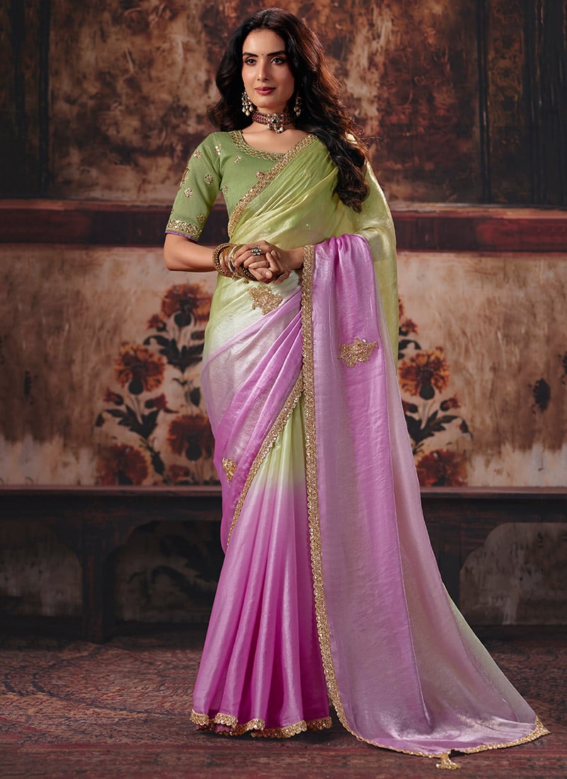 Green Satin Blend Zari Sequins Beads Embroidered Saree After Six Wear