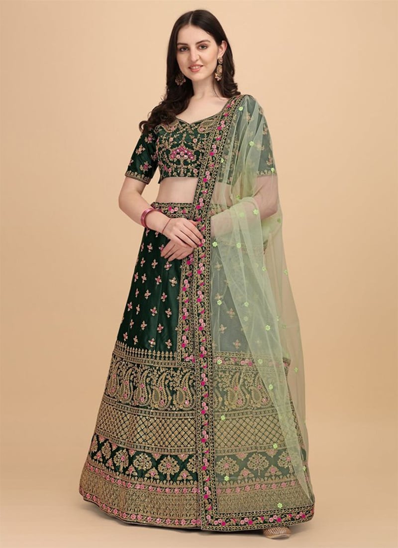 Green Satin Embroidered Elegant Lehenga Wedding Wear