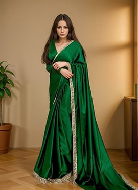 Green Satin Embroidered Saree