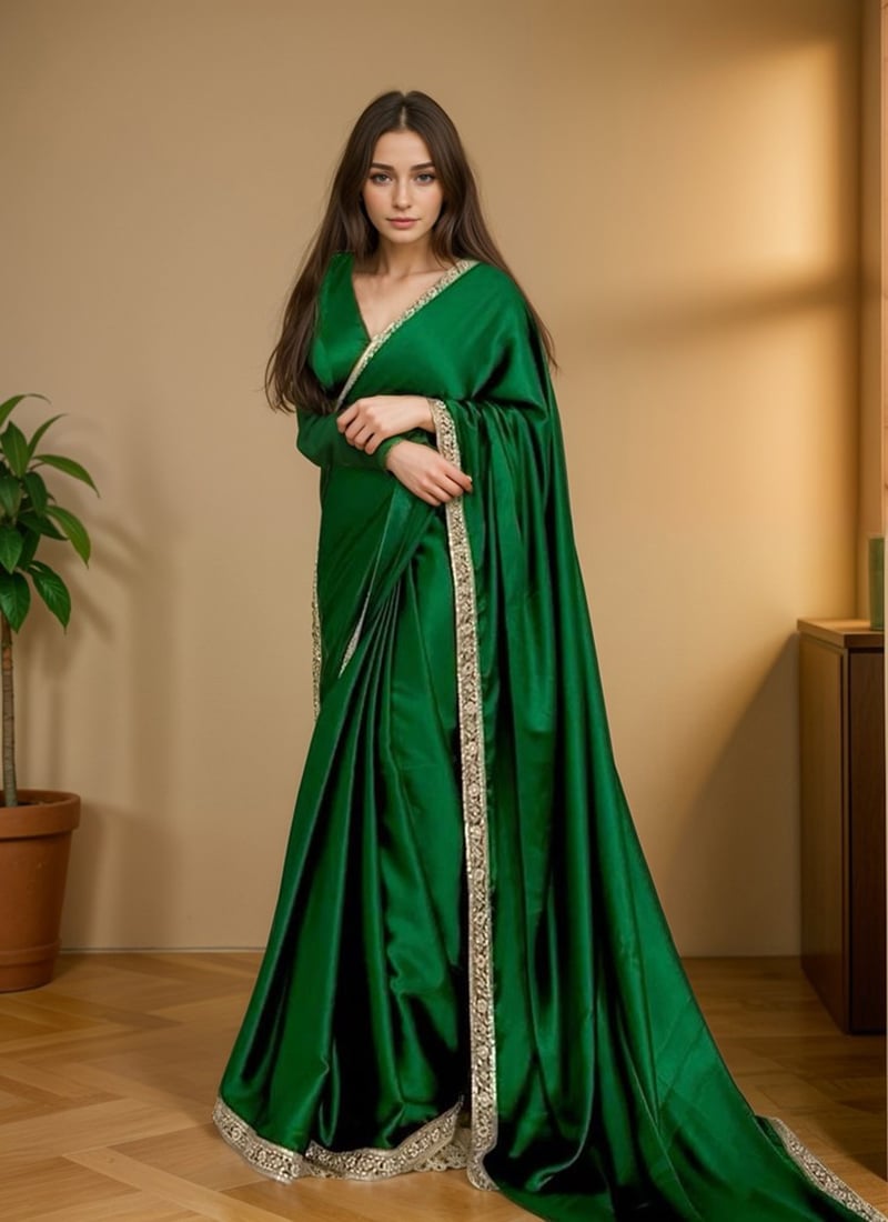 Green Satin Embroidered Saree