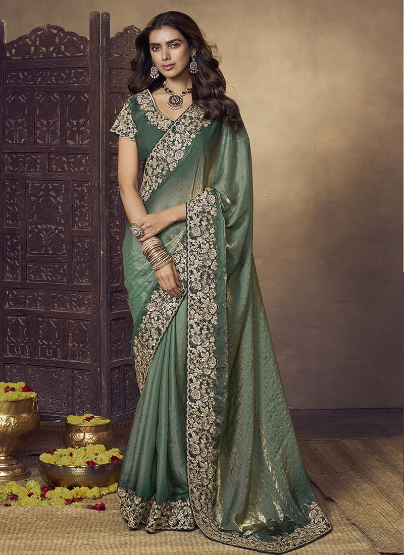 Green Satin Embroidered Sequins Beads Thread Codding Saree Wedding Wear