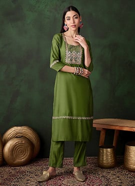 Green Satin Embroidered Sequins Kurta Straight Pant Set