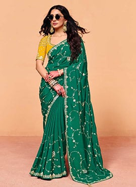 Green Satin Embroidered Sequins Saree