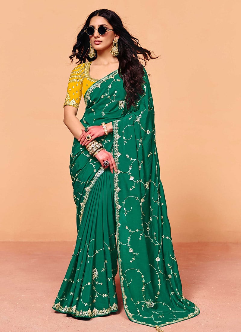 Green Satin Embroidered Sequins Saree Festive Wear
