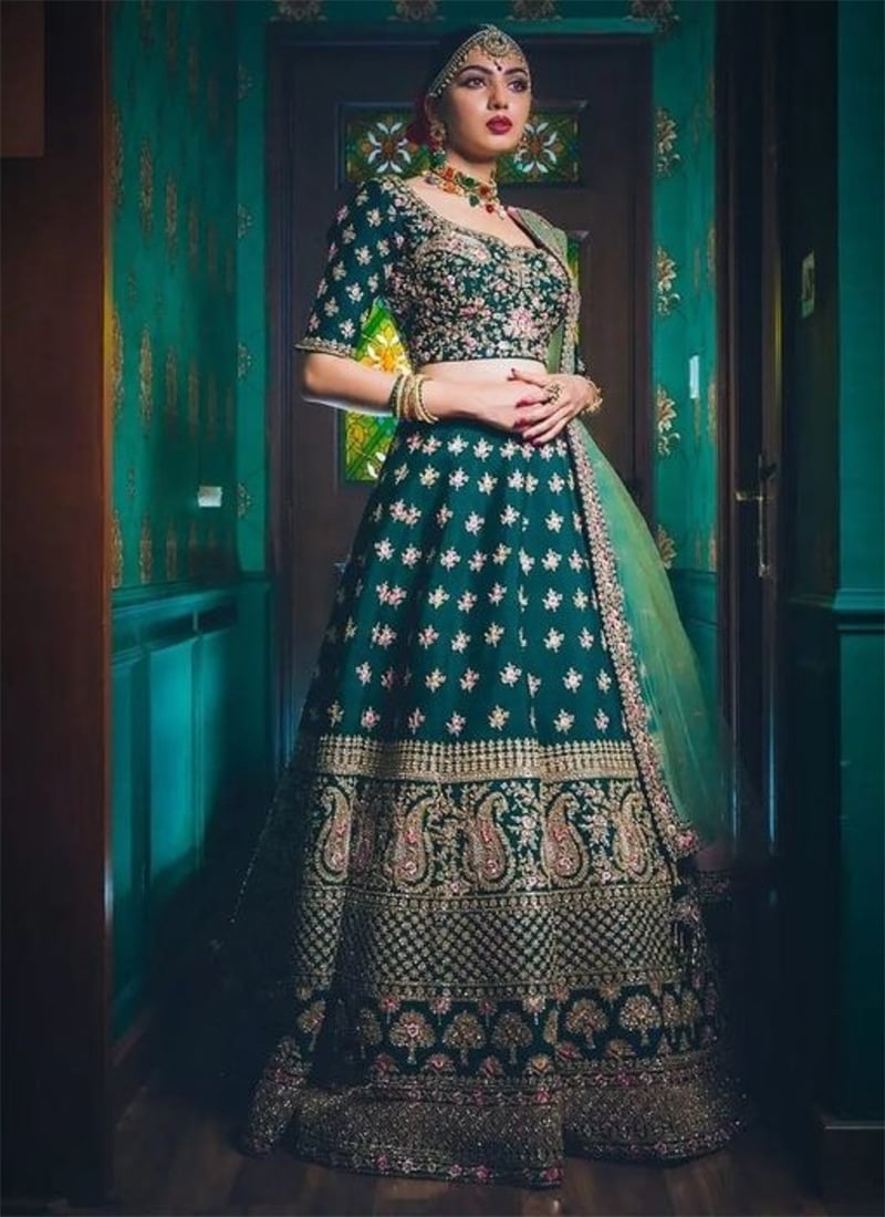 Green Satin Embroidered Sequins Splendour Lehenga Wedding Wear