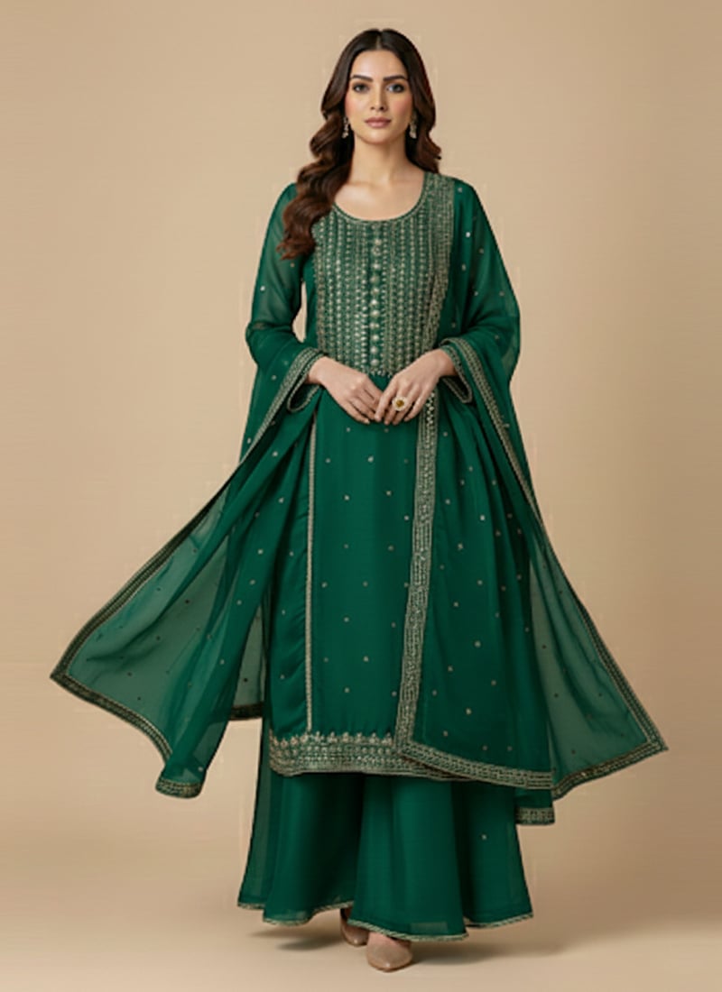 Green Satin Georgette Zari Sequins Palazzo Suit Festive Wear