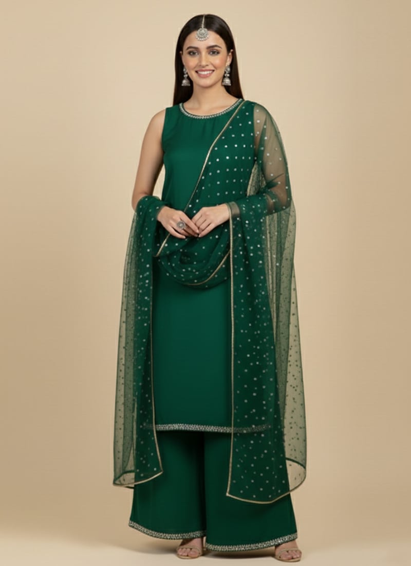 Green Satin Georgette Zari Sequins Palazzo Suit Festive Wear