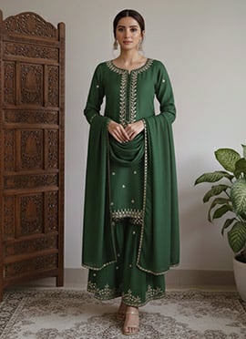 Green Satin Georgette Zari Sequins Palazzo Suit