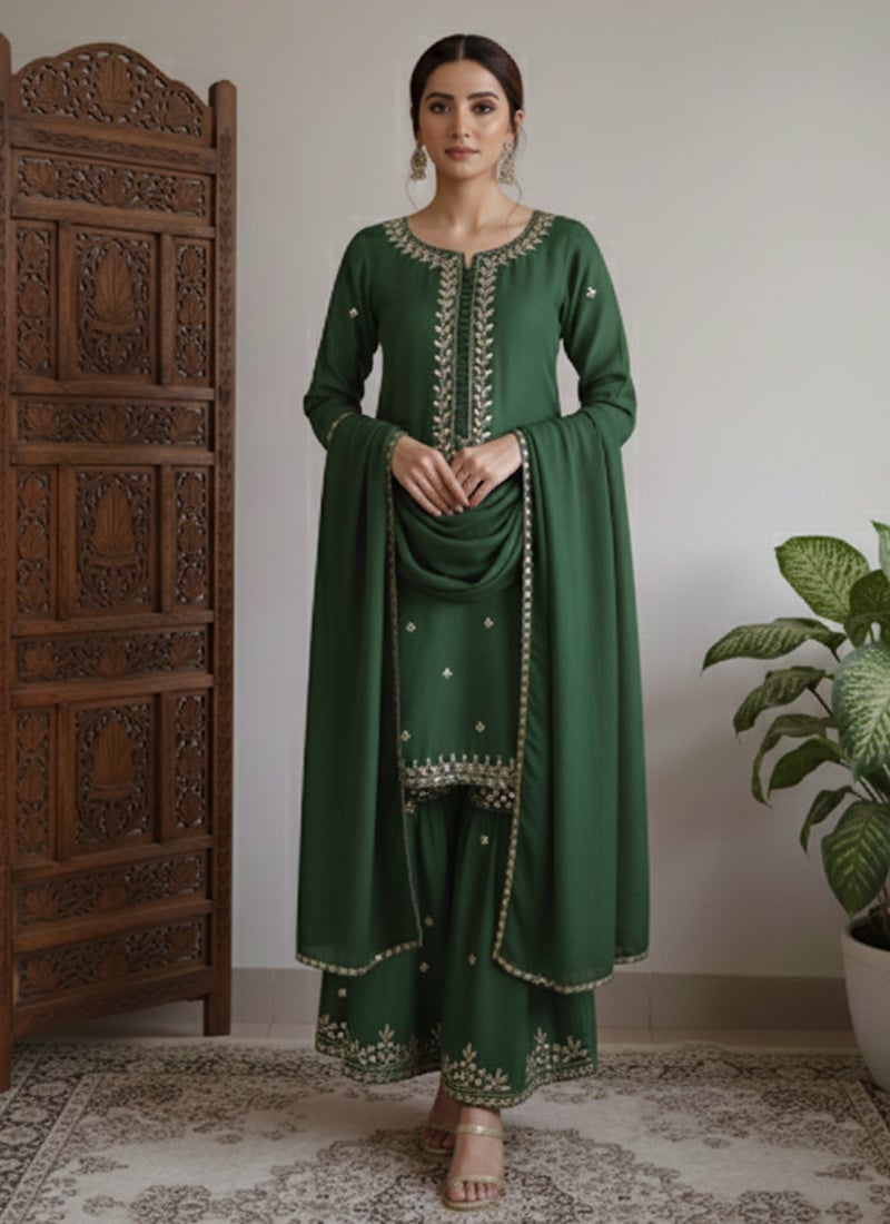 Green Satin Georgette Zari Sequins Palazzo Suit Festive Wear