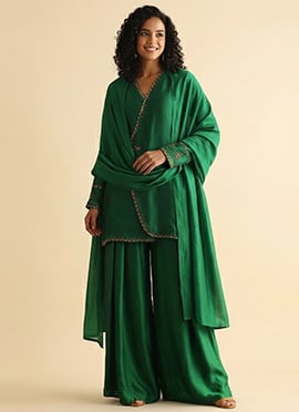Green Satin Georgette Zari Sequins Palazzo Suit