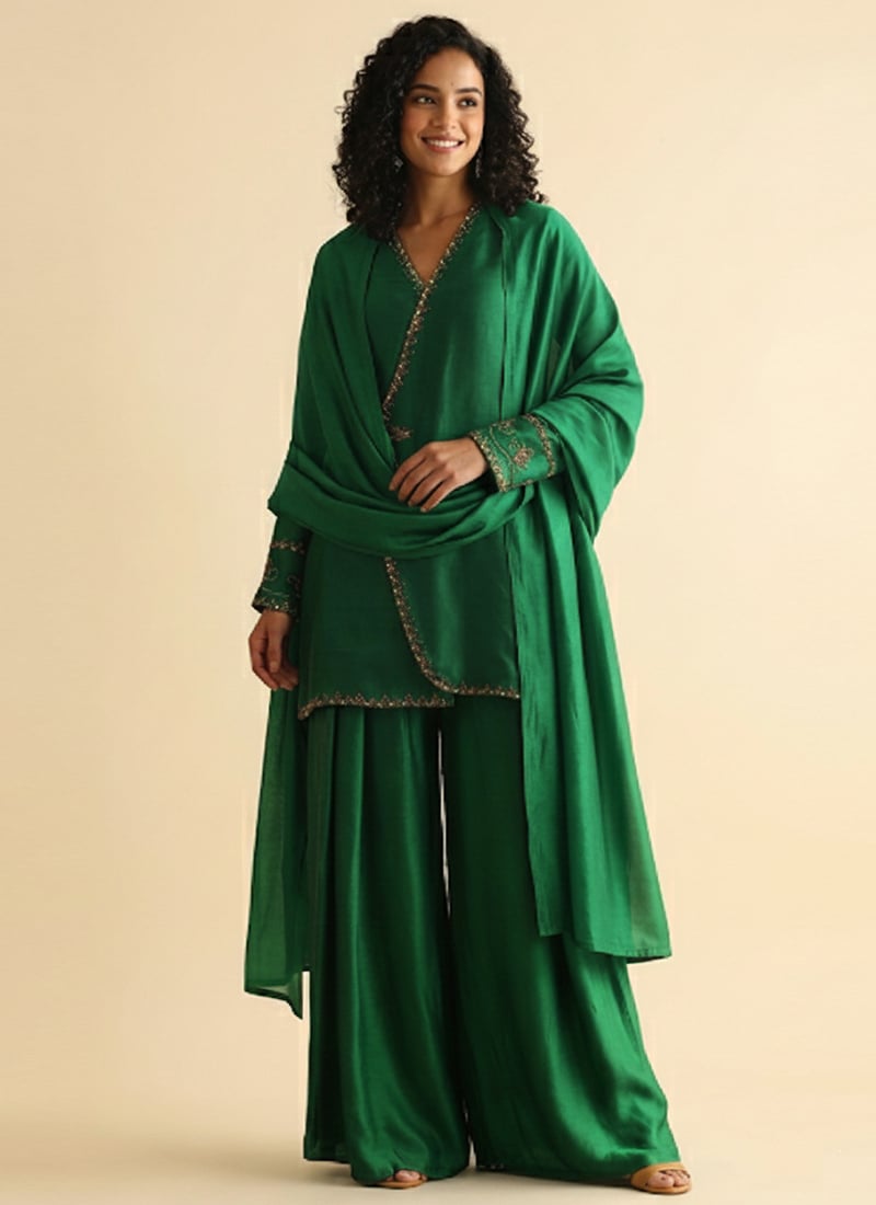 Green Satin Georgette Zari Sequins Palazzo Suit Festive Wear