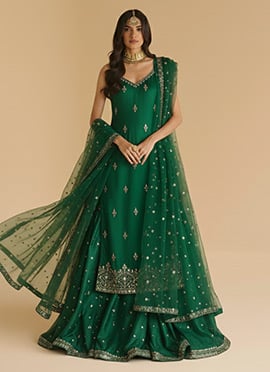 Green Satin Georgette Zari Sequins Sharara Suit