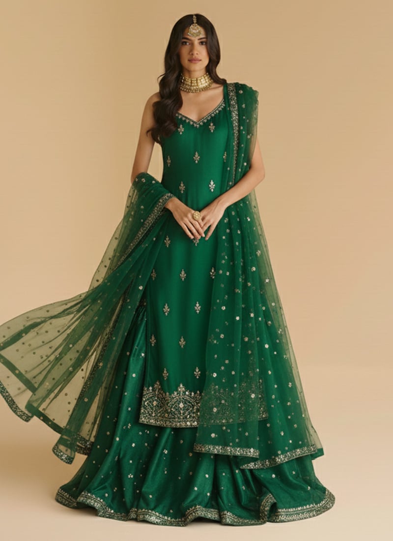 Green Satin Georgette Zari Sequins Sharara Suit Festive Wear