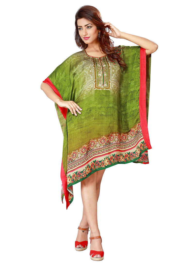 Buy Green Satin Kaftan, Printed, tops and tunics Online Shopping