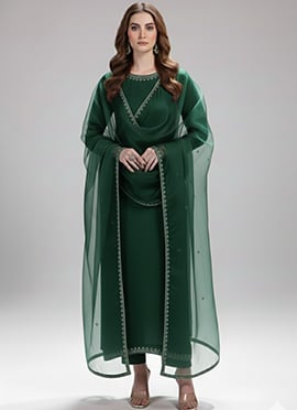 Green Satin Sequins Hand Embroidery Anarkali Suit