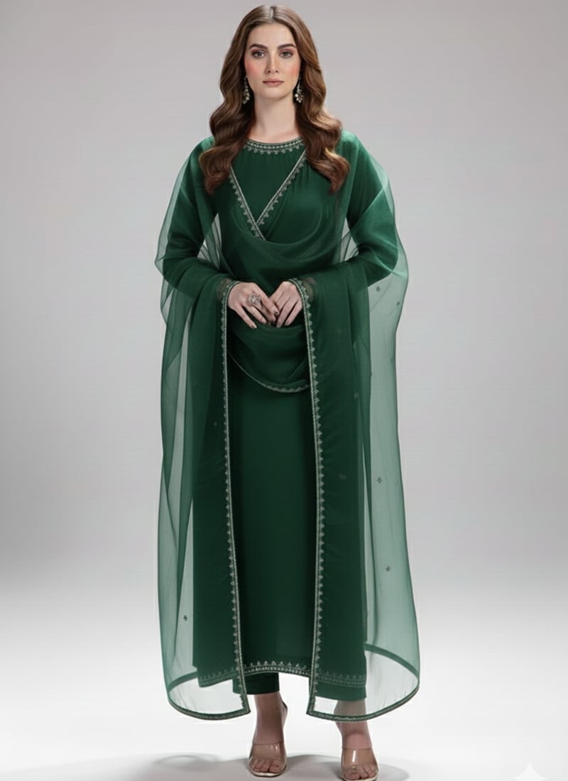Green Satin Sequins Hand Embroidery Anarkali Suit Festive Wear