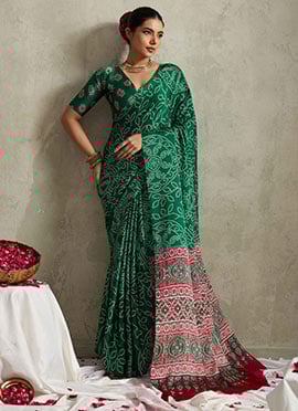 Green Satin Silk Bandhini Print Saree