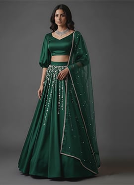 Green Satin Silk Beads And Stones Hand Embroidered Lehenga Set