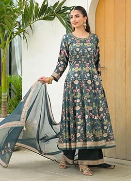 Green Satin Silk Digital Foil Print Hand Embroidered Anarkali Suit