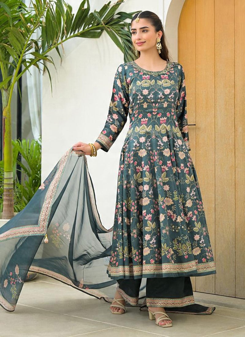 Green Satin Silk Digital Foil Print Hand Embroidered Anarkali Suit Festive Wear