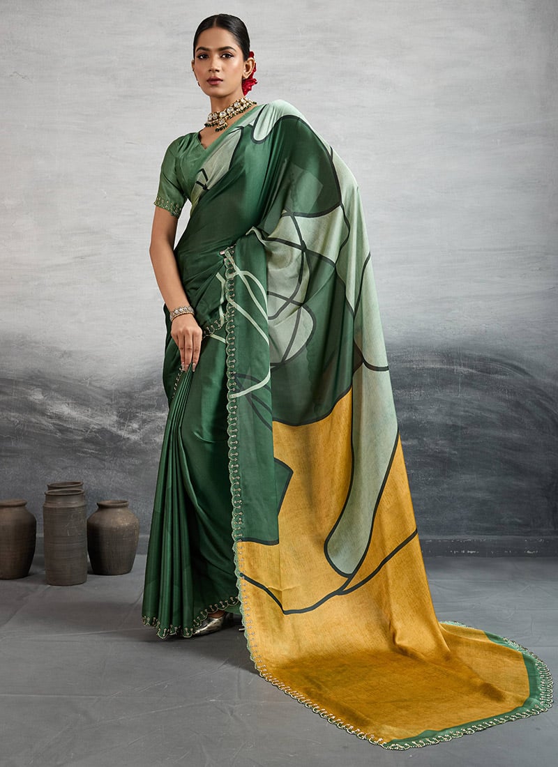 Green Satin Silk Digital Print And Stones Saree After Six Wear
