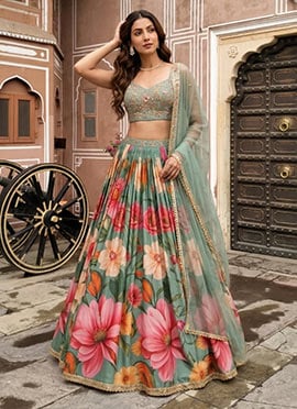 Green Satin Silk Digital Print Cutdana Sequins Lehenga Choli