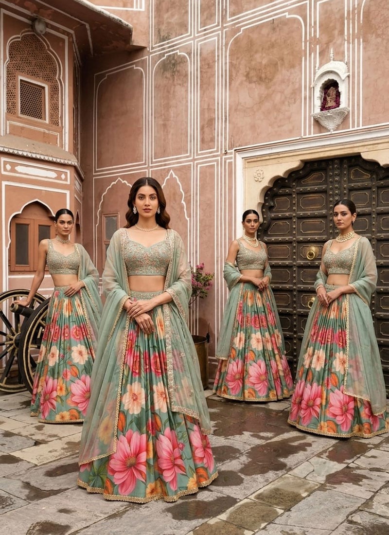 Green Satin Silk Digital Print Cutdana Sequins Lehenga Choli Wedding Wear