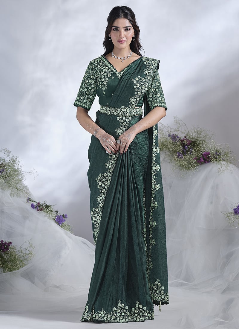 Green Satin Silk Embroidered Moti Hand Work Sequins Saree Wedding Wear