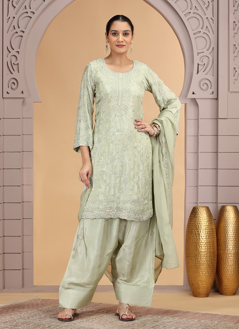 Green Satin Silk Embroidered Sequins Beads Thread Palazzo Suit Festive Wear